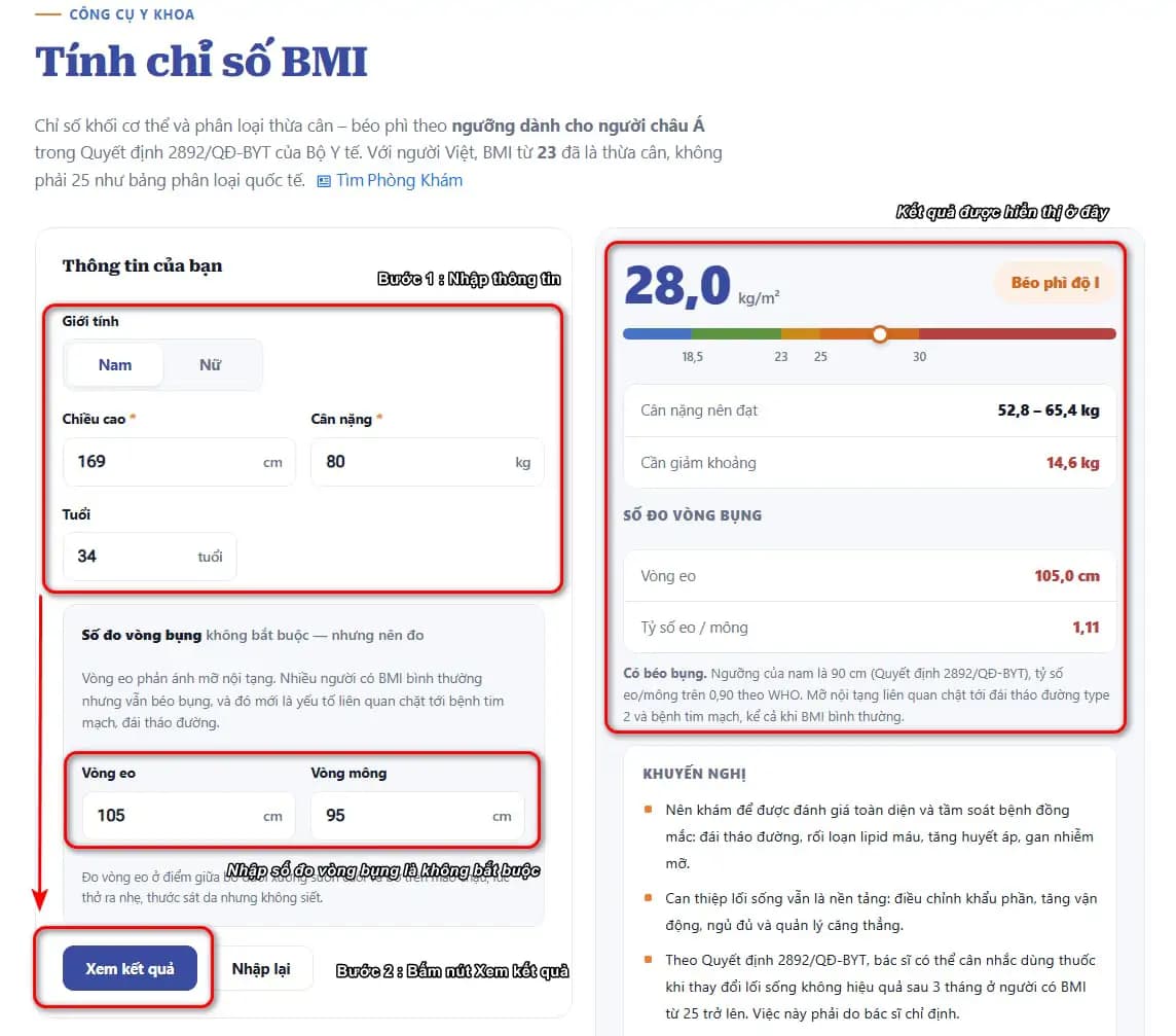 Tính BMI Chỉ số khối cơ thể